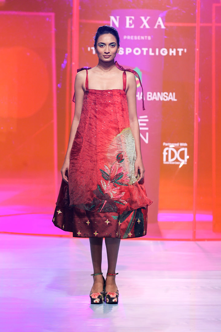 Cherry Red, Embellished Sun And Flower Print Volume Ball Dress With Embellished Organza Layer On Top-Siddhartha Bansal