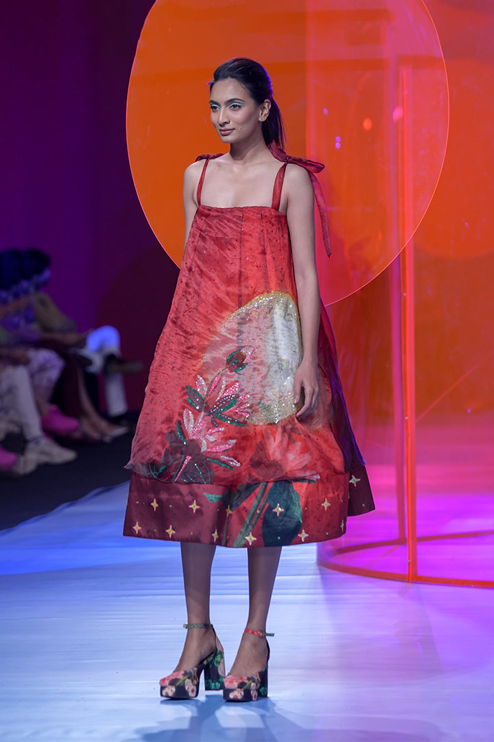 Cherry Red, Embellished Sun And Flower Print Volume Ball Dress With Embellished Organza Layer On Top-Siddhartha Bansal