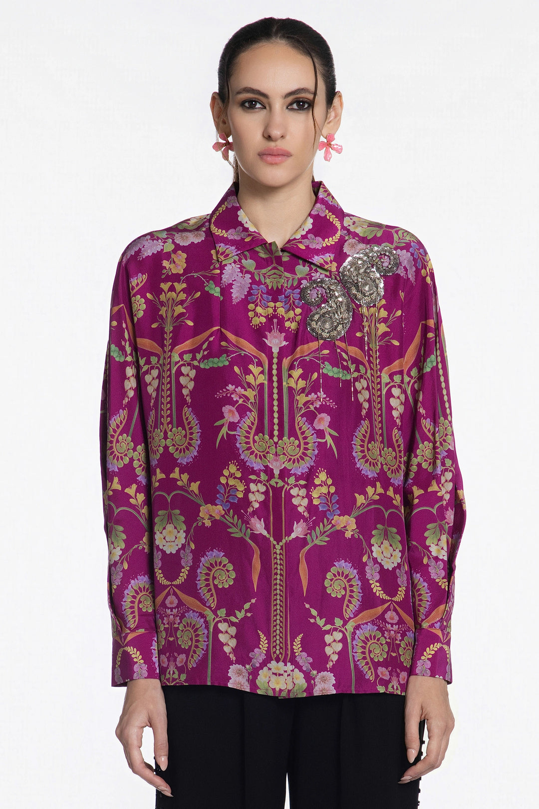 Fuchsia Flora Baroque Silk Shirt-Shirts-Siddhartha Bansal
