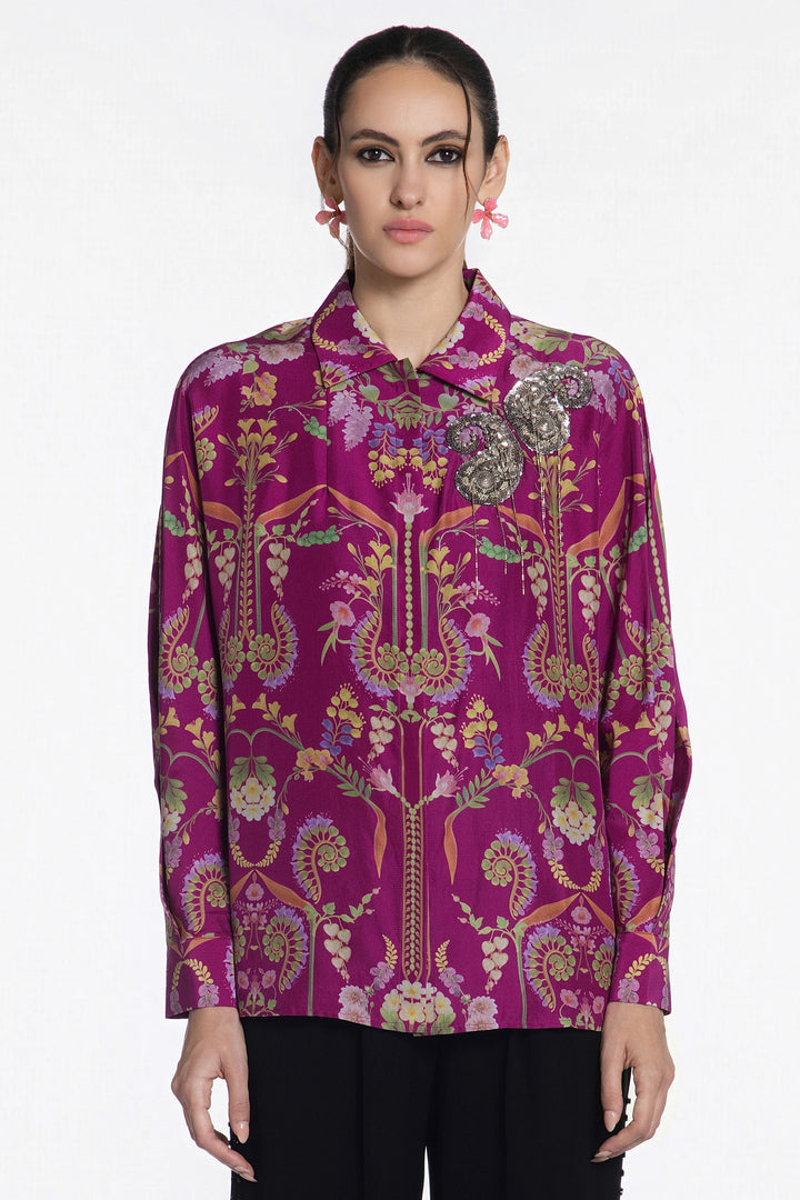 Fuchsia Flora Baroque Silk Shirt-Shirts-Siddhartha Bansal
