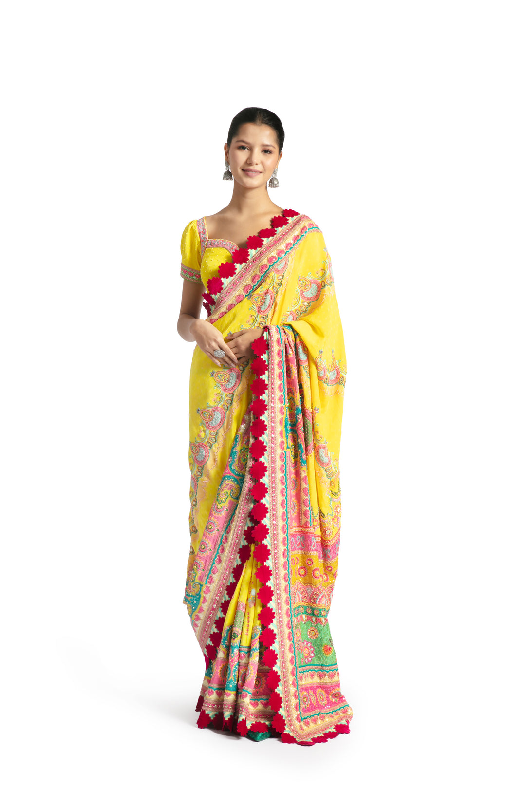 YELLOW MULTI BORDER EMBROIDERED SAREE SET-Saree, Indian Wear-Siddhartha Bansal