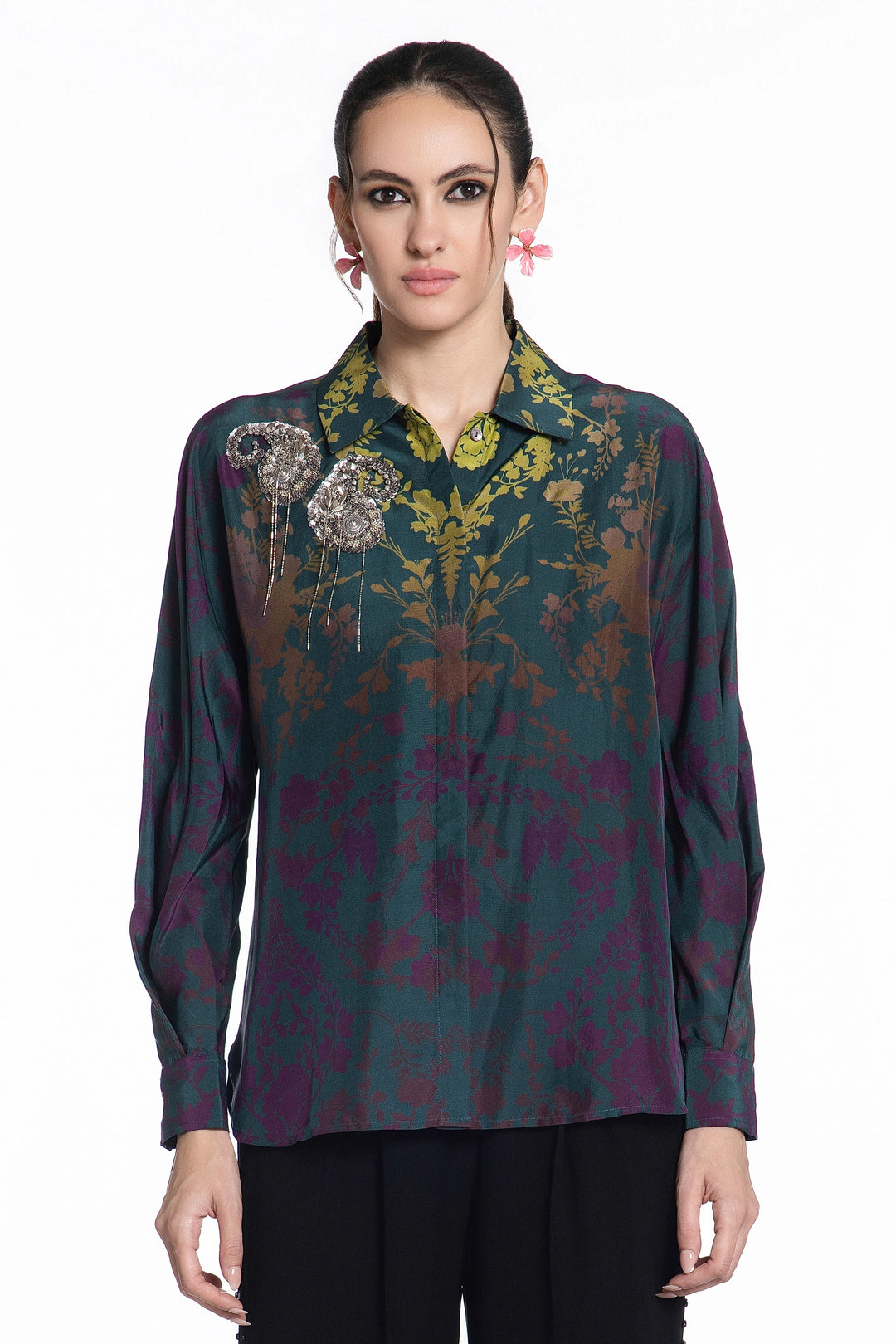 Teal Ombre Damask Jewel Shirt-Shirts-Siddhartha Bansal