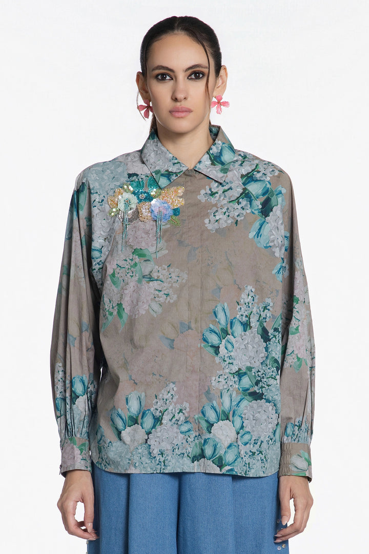Teal Bloom Rhapsody Shirt-Shirts-Siddhartha Bansal