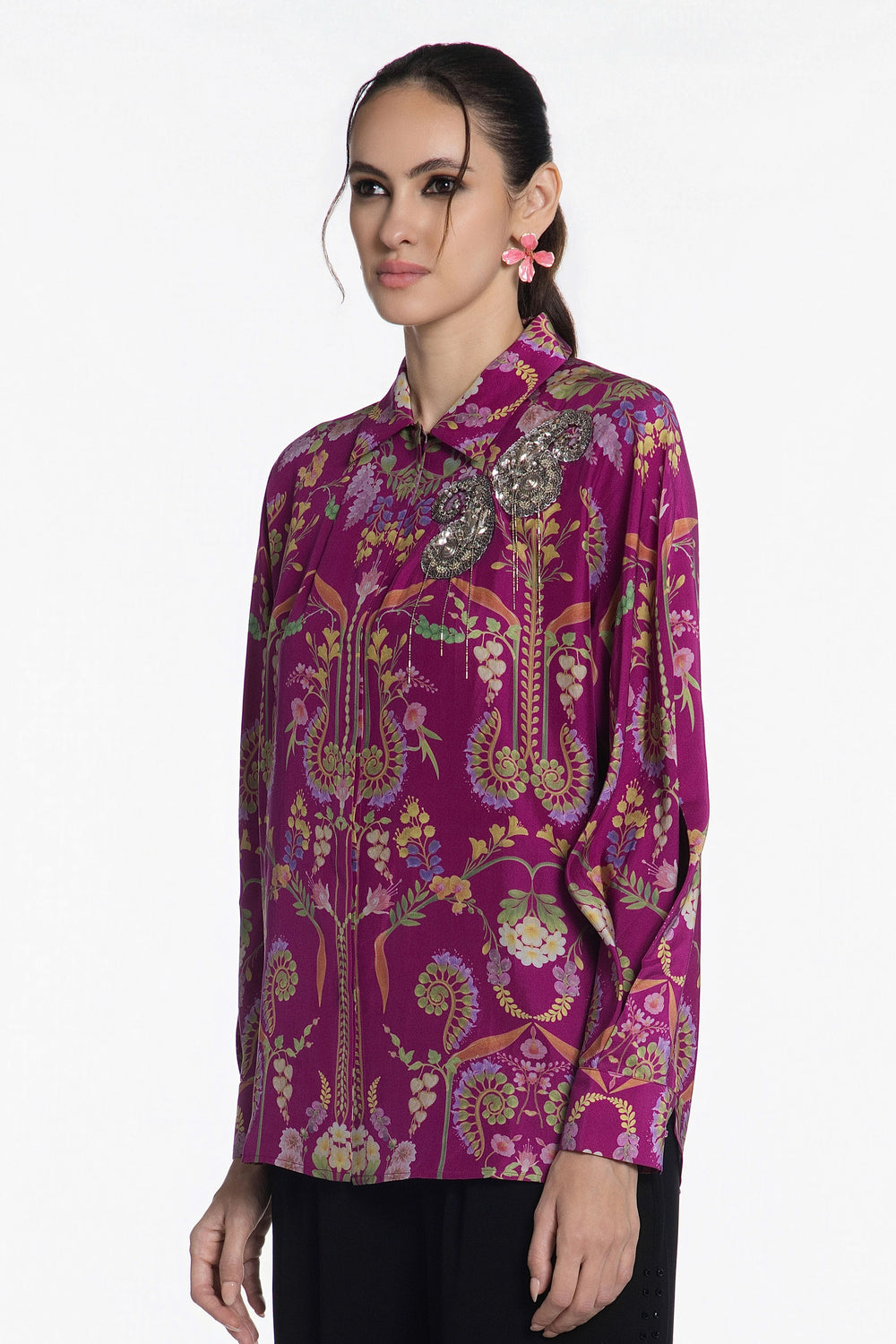 Fuchsia Flora Baroque Silk Shirt-Shirts-Siddhartha Bansal
