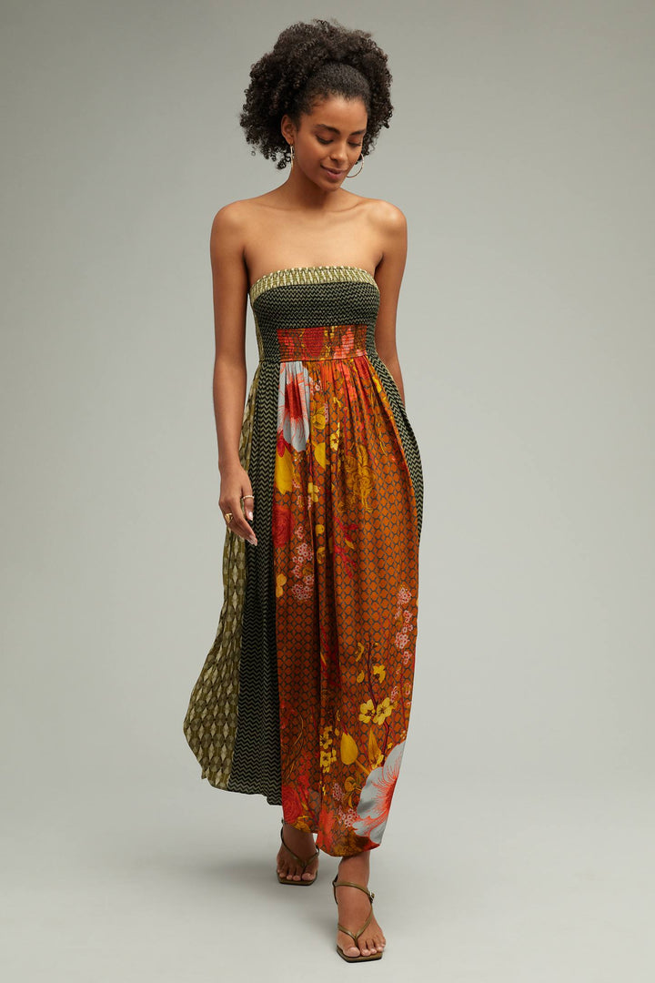 Sylvan Print Smocked Dress With Front Slits-Siddhartha Bansal