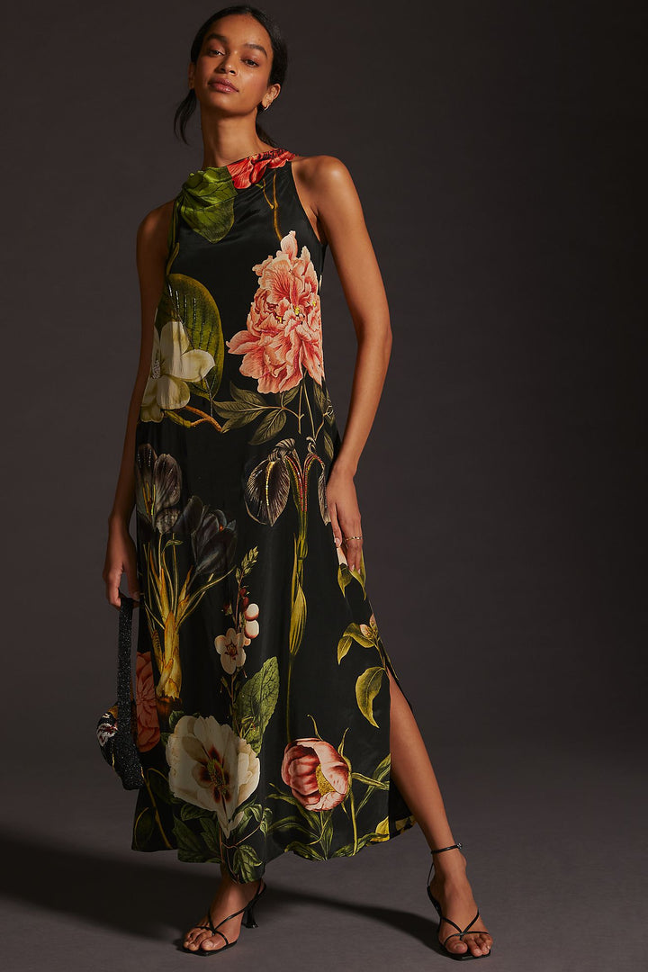 Night Bloom Embroiderd Cowl Neck Dress-Siddhartha Bansal