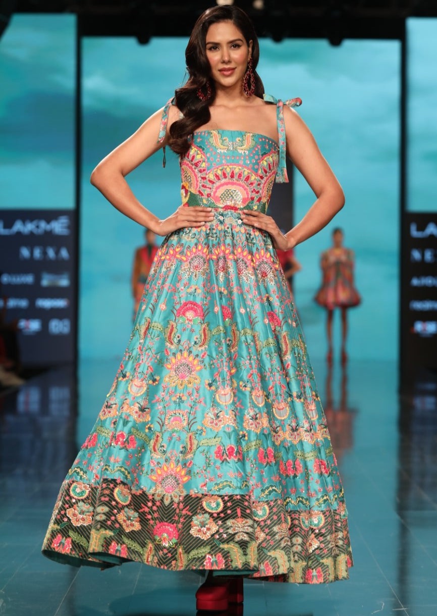 Sonam Bajwa In Hawaiian Teal Embroidered Corseted Gown-Siddhartha Bansal