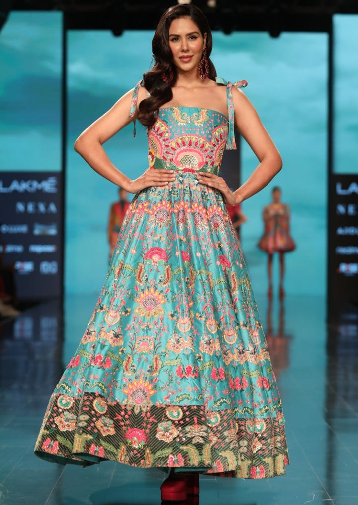 Sonam Bajwa In Hawaiian Teal Embroidered Corseted Gown-Siddhartha Bansal