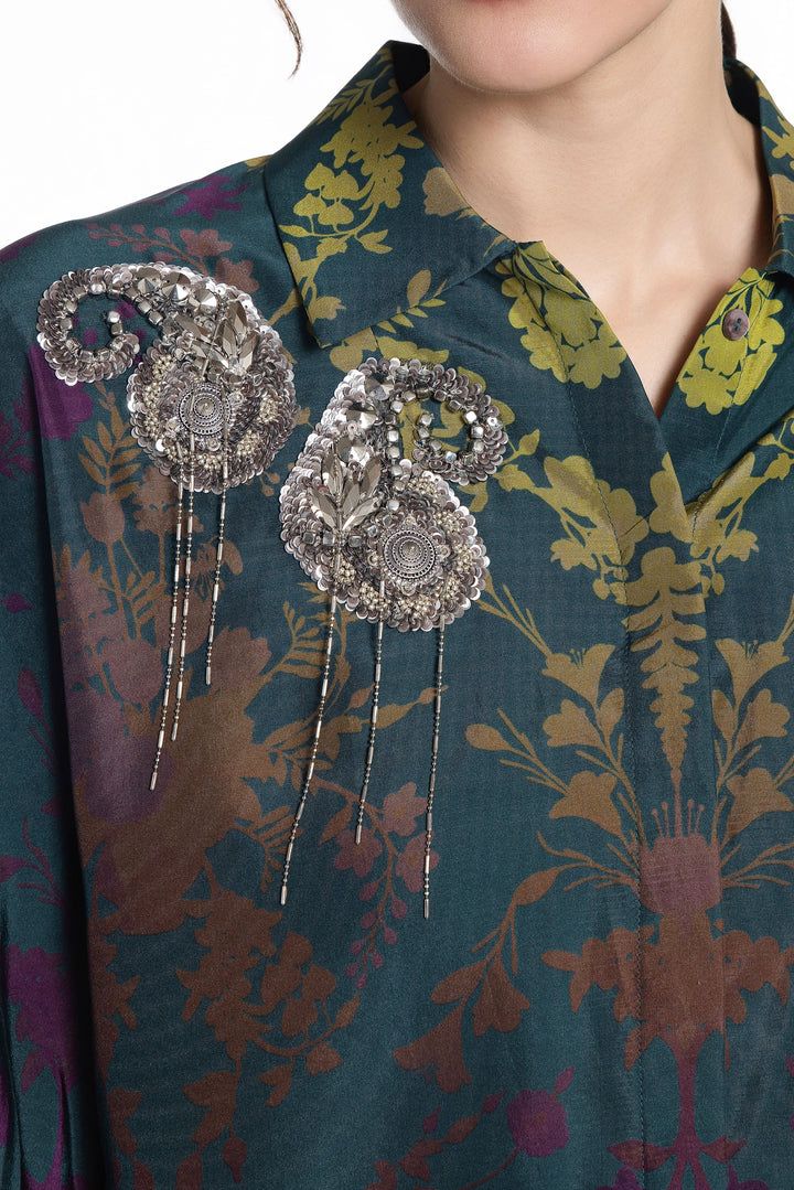 Teal Ombre Damask Jewel Shirt-Shirts-Siddhartha Bansal