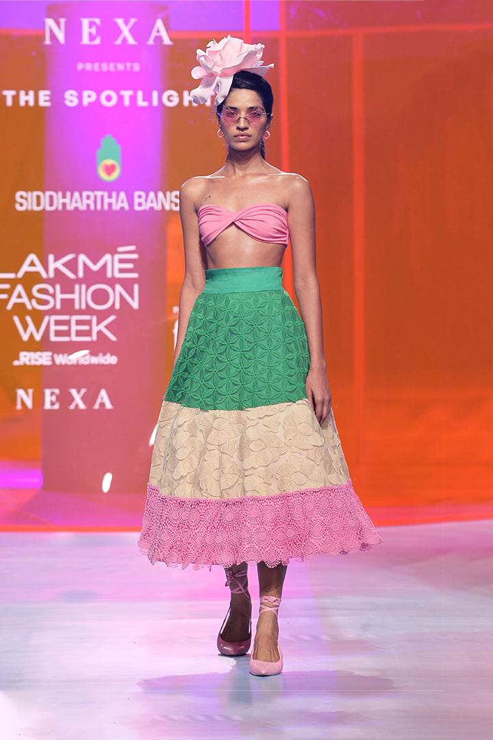 Thread Work Lace Multi Color A Line Skirt With Pink Bustier-Siddhartha Bansal