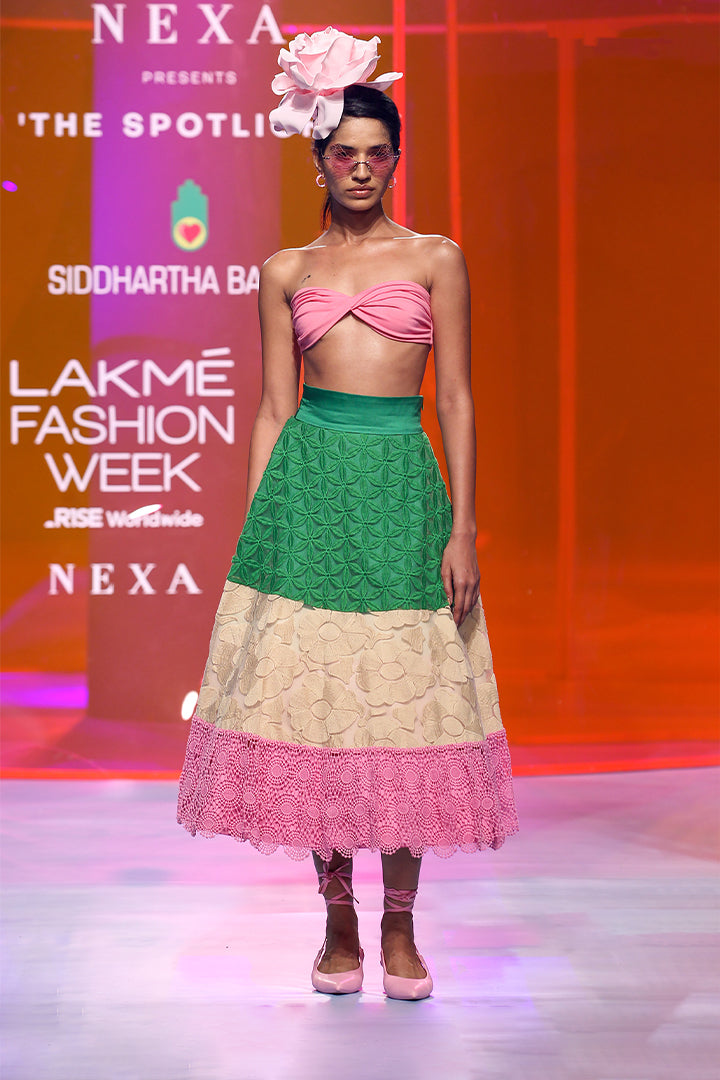 Thread Work Lace Multi Color A Line Skirt With Pink Bustier-Siddhartha Bansal