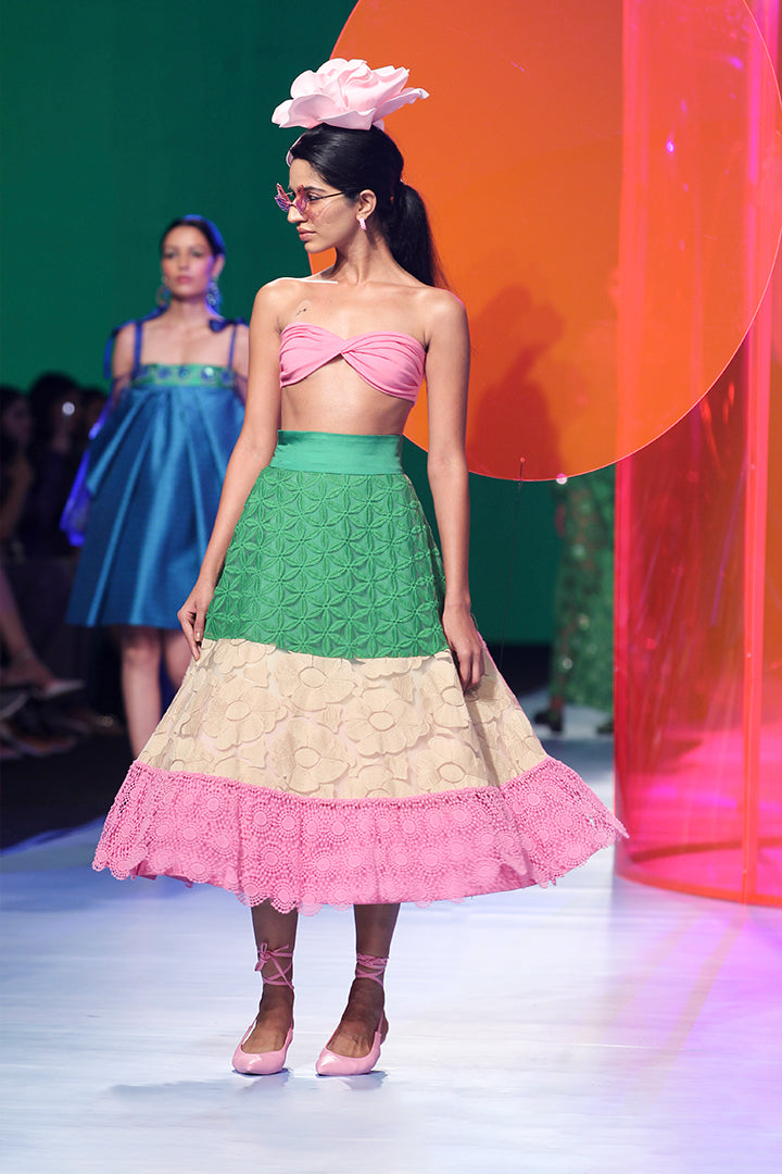 Thread Work Lace Multi Color A Line Skirt With Pink Bustier-Siddhartha Bansal