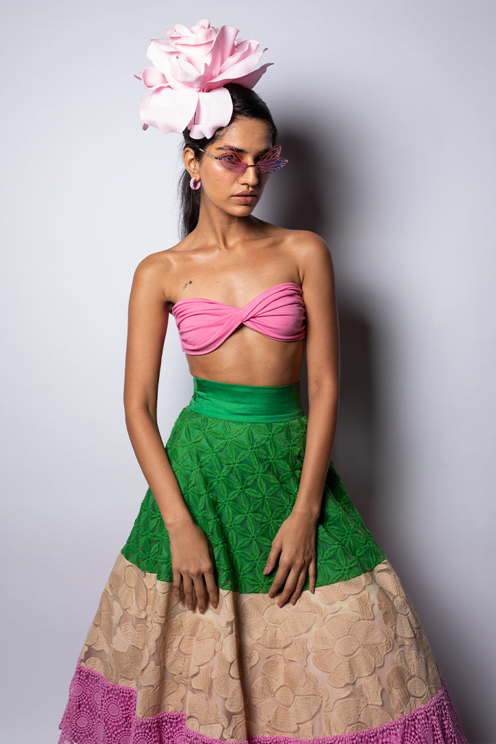 Thread Work Lace Multi Color A Line Skirt With Pink Bustier-Siddhartha Bansal