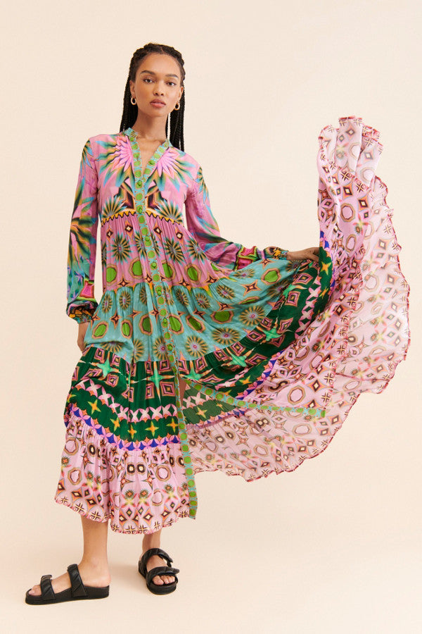 Pink And Green Geometric Teir Dress-Siddhartha Bansal