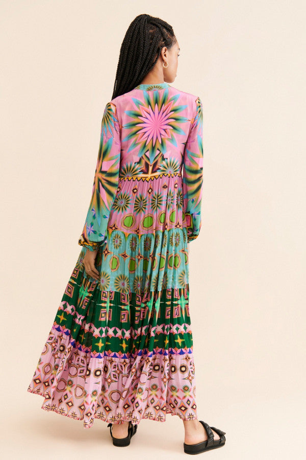 Pink And Green Geometric Teir Dress-Siddhartha Bansal