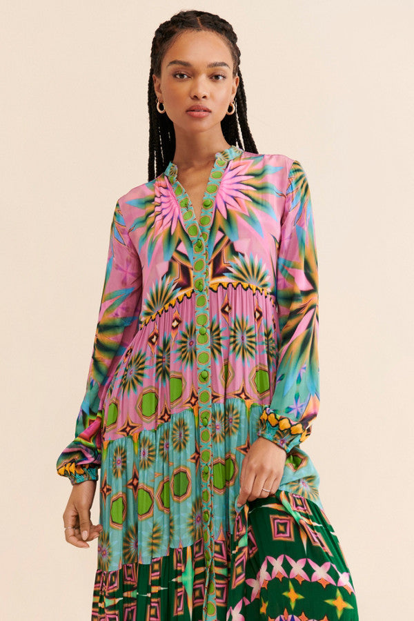 Pink And Green Geometric Teir Dress-Siddhartha Bansal