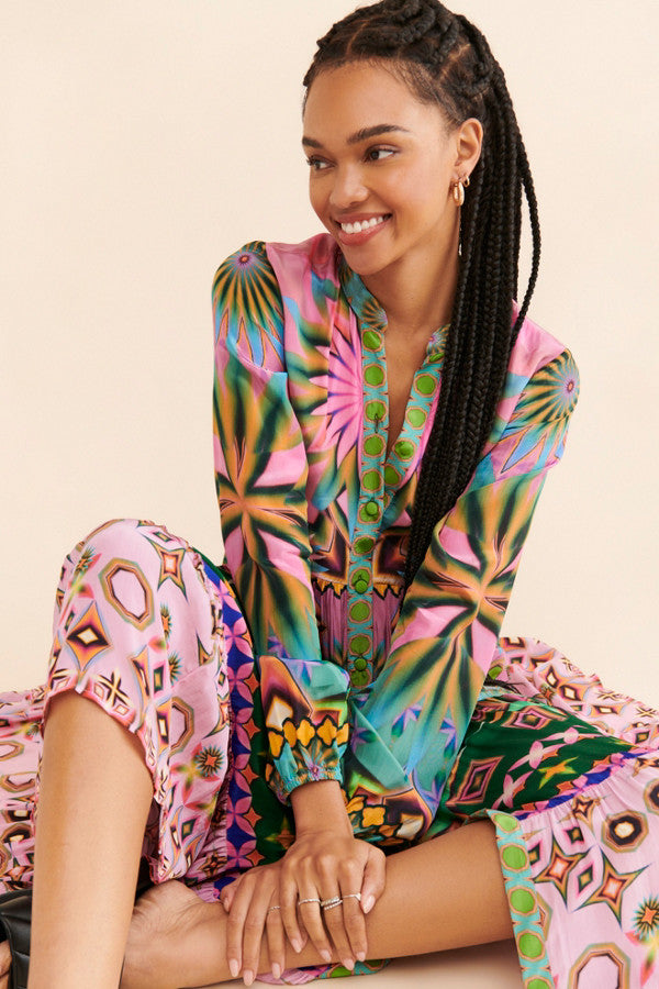 Pink And Green Geometric Teir Dress-Siddhartha Bansal
