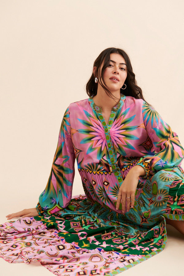 Pink And Green Geometric Teir Dress-Siddhartha Bansal