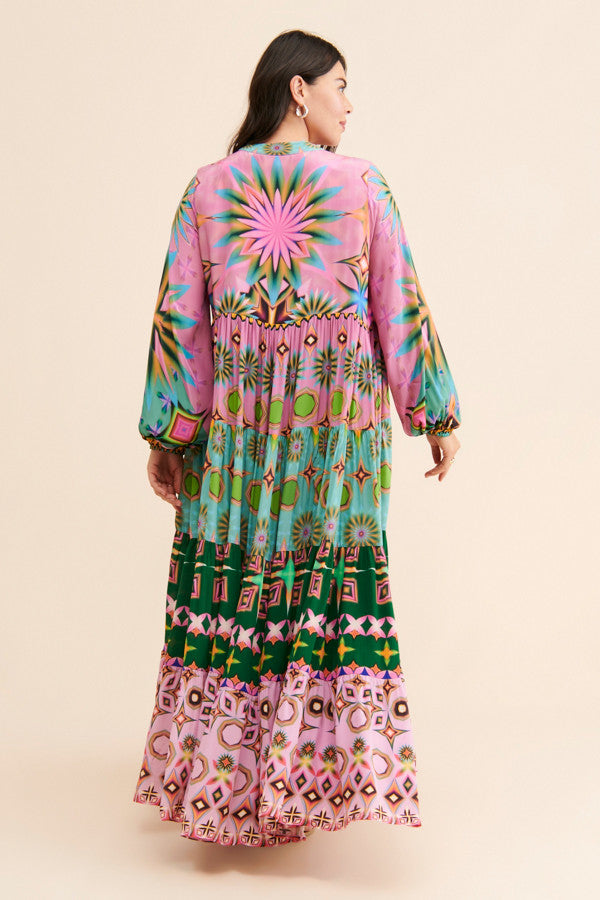 Pink And Green Geometric Teir Dress-Siddhartha Bansal
