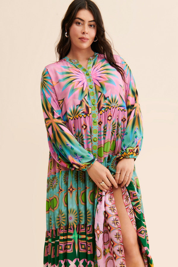 Pink And Green Geometric Teir Dress-Siddhartha Bansal