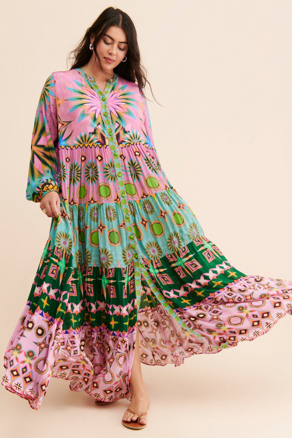 Pink And Green Geometric Teir Dress-Siddhartha Bansal