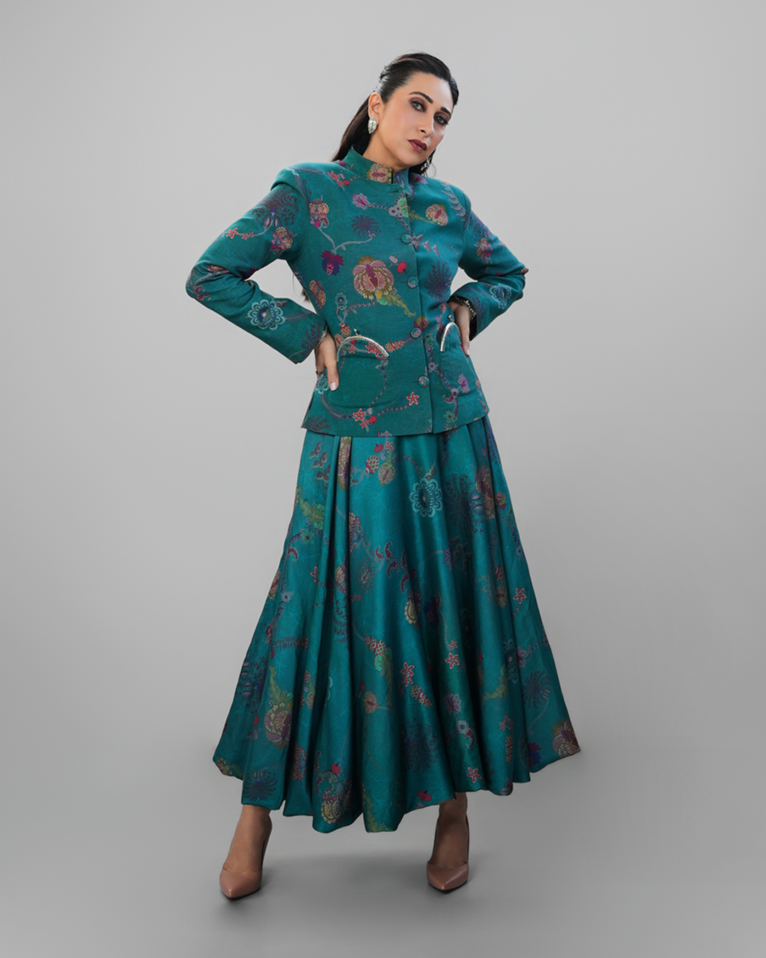 Turquoise Bandh Gala Jacket With Bubble Skirt-co-ord set-Siddhartha Bansal