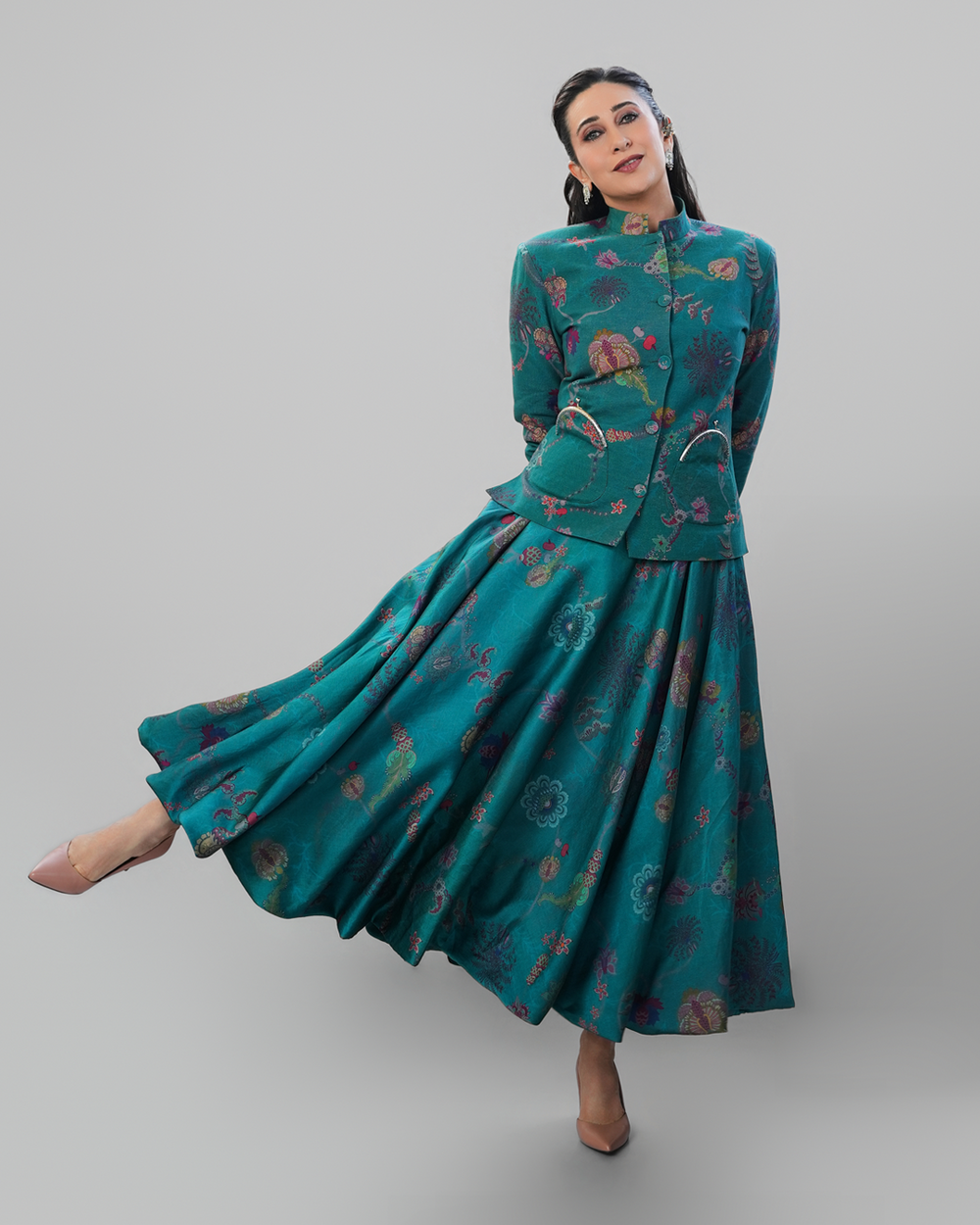 Turquoise Bandh Gala Jacket With Bubble Skirt-co-ord set-Siddhartha Bansal