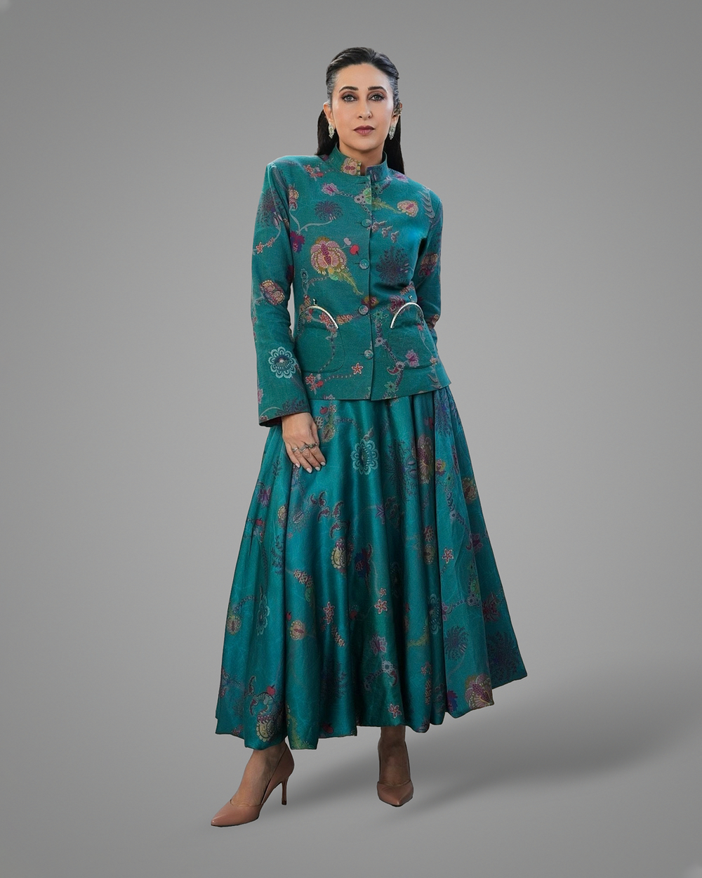 Turquoise Bandh Gala Jacket With Bubble Skirt-co-ord set-Siddhartha Bansal