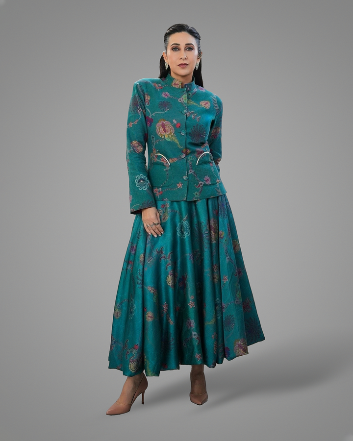 Turquoise Bandh Gala Jacket With Bubble Skirt-co-ord set-Siddhartha Bansal