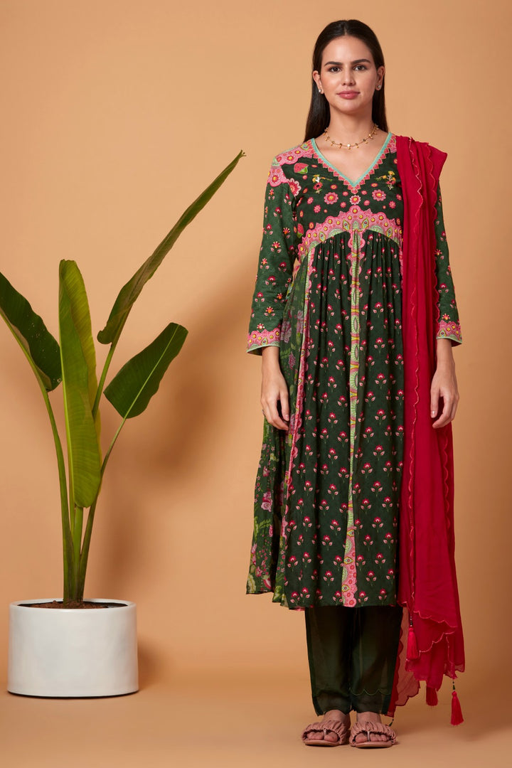 Olive Green Gatered Kurta With Olive Pant And Bright Pink Chiffon Dupatta-Siddhartha Bansal