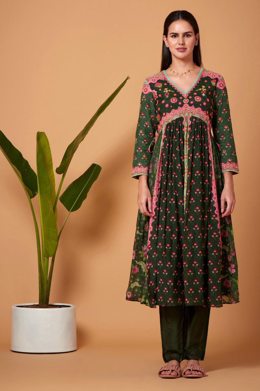 Olive Green Gatered Kurta With Olive Pant And Bright Pink Chiffon Dupatta-Siddhartha Bansal