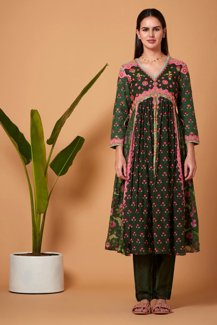 Olive Green Gatered Kurta With Olive Pant And Bright Pink Chiffon Dupatta-Siddhartha Bansal