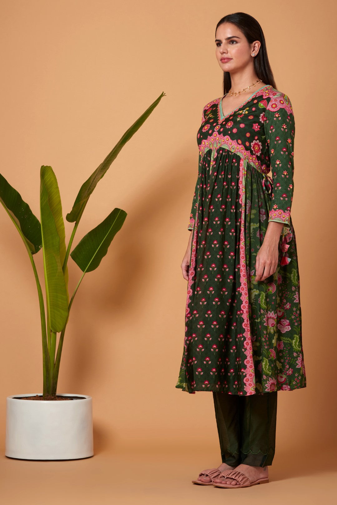 Olive Green Gatered Kurta With Olive Pant And Bright Pink Chiffon Dupatta-Siddhartha Bansal