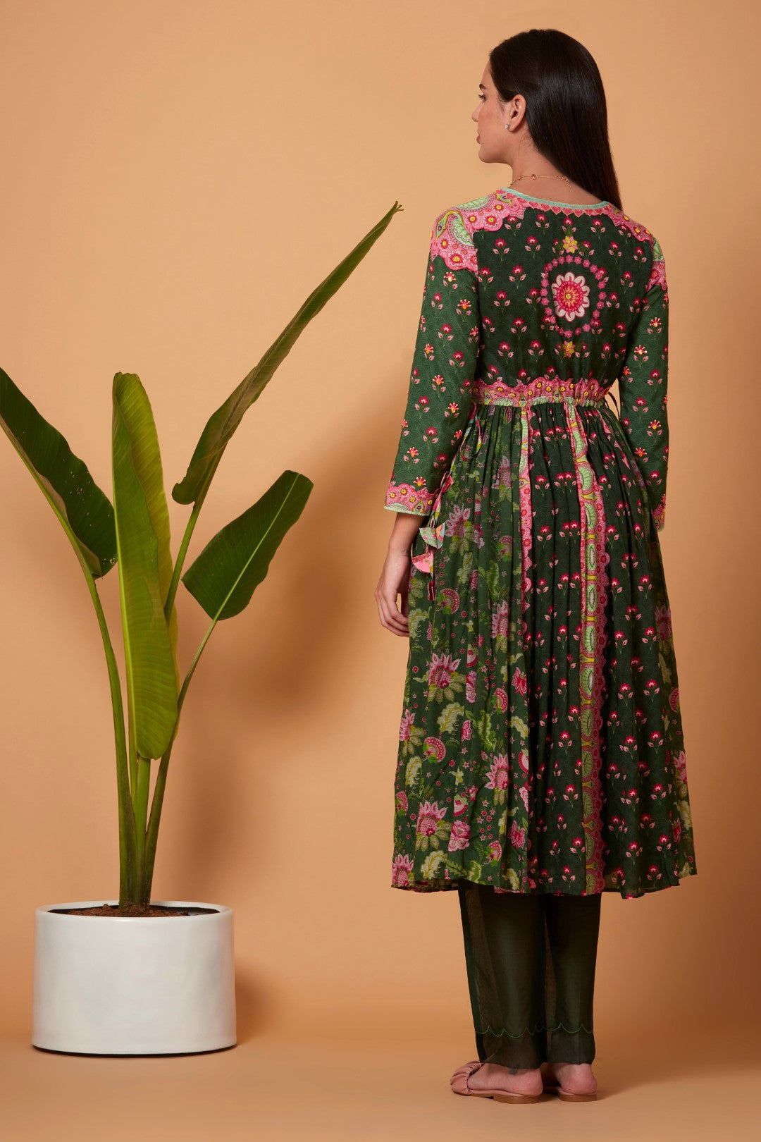 Olive Green Gatered Kurta With Olive Pant And Bright Pink Chiffon Dupatta-Siddhartha Bansal