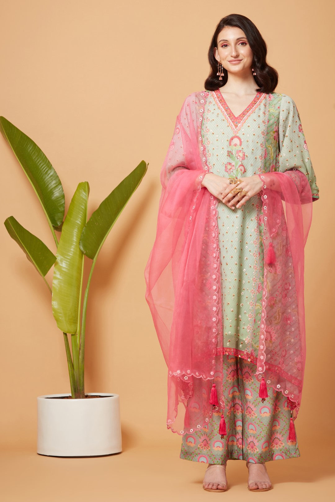 Mint Golden Buta High-Low Kurta With Mint Printed Pant And Pink Peach Organza Dupatta-Siddhartha Bansal