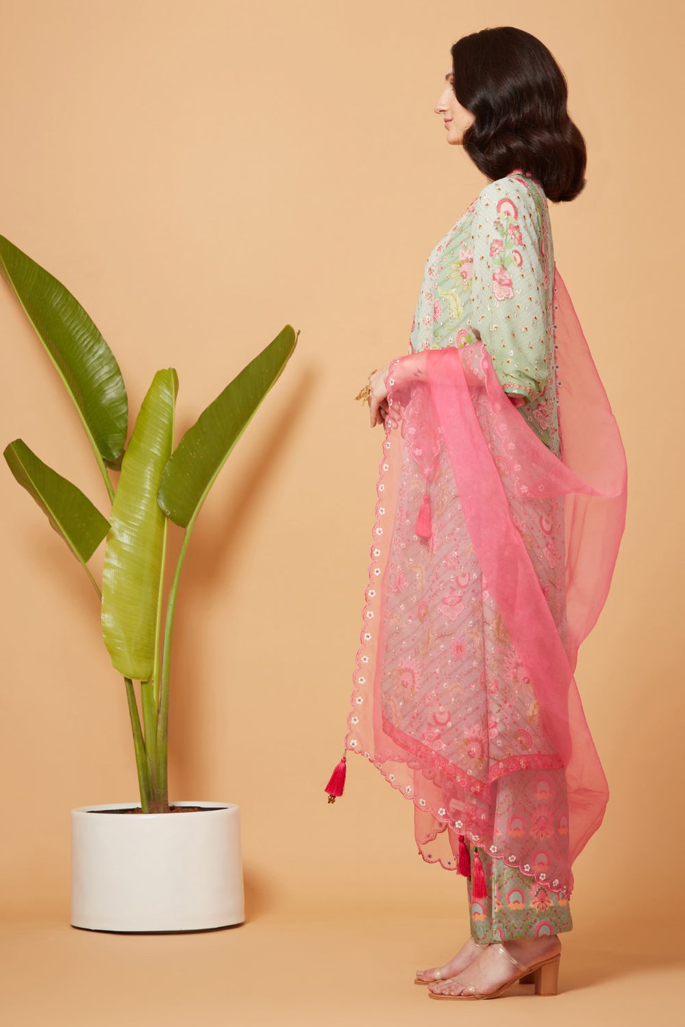 Mint Golden Buta High-Low Kurta With Mint Printed Pant And Pink Peach Organza Dupatta-Siddhartha Bansal