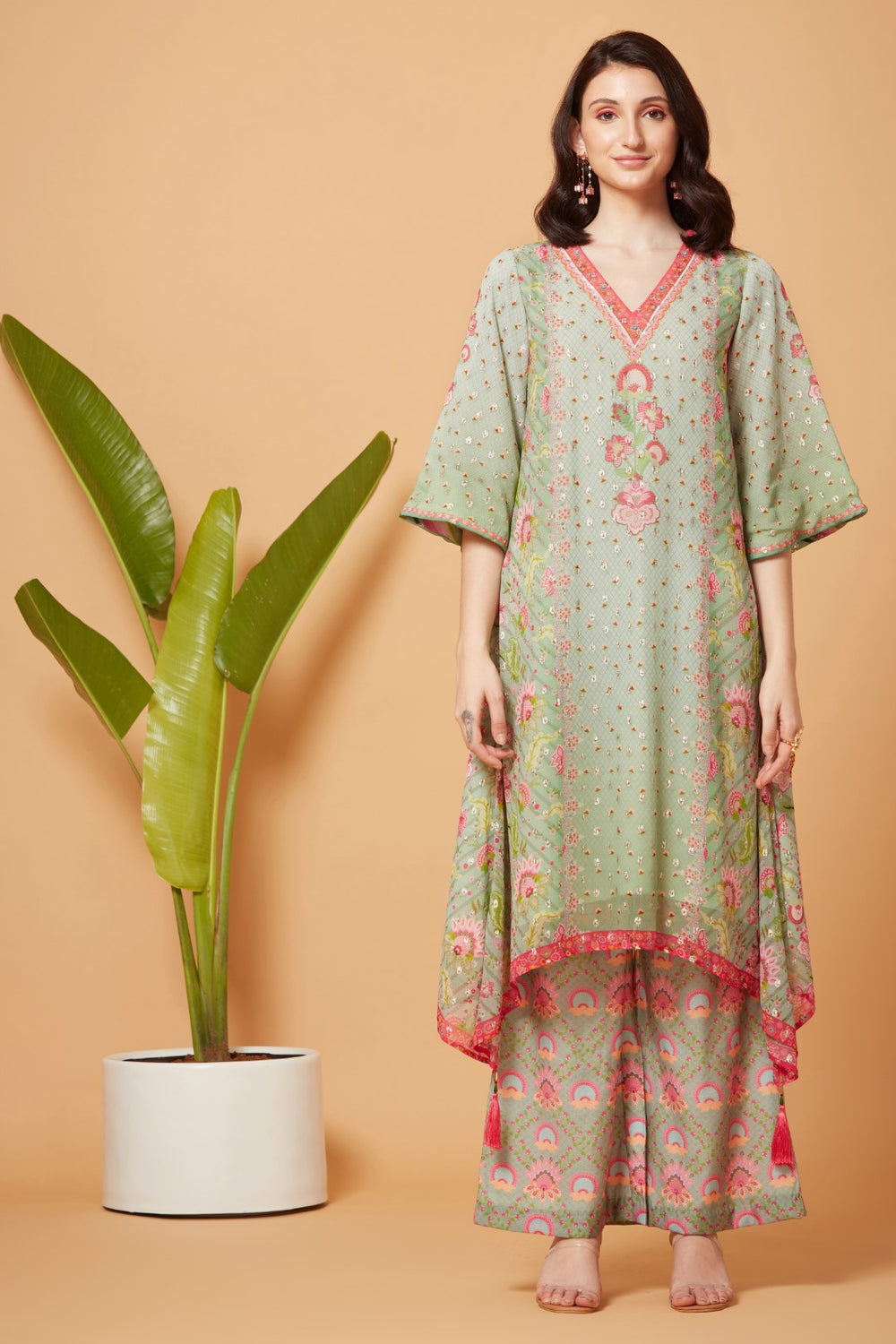 Mint Golden Buta High-Low Kurta With Mint Printed Pant And Pink Peach Organza Dupatta-Siddhartha Bansal
