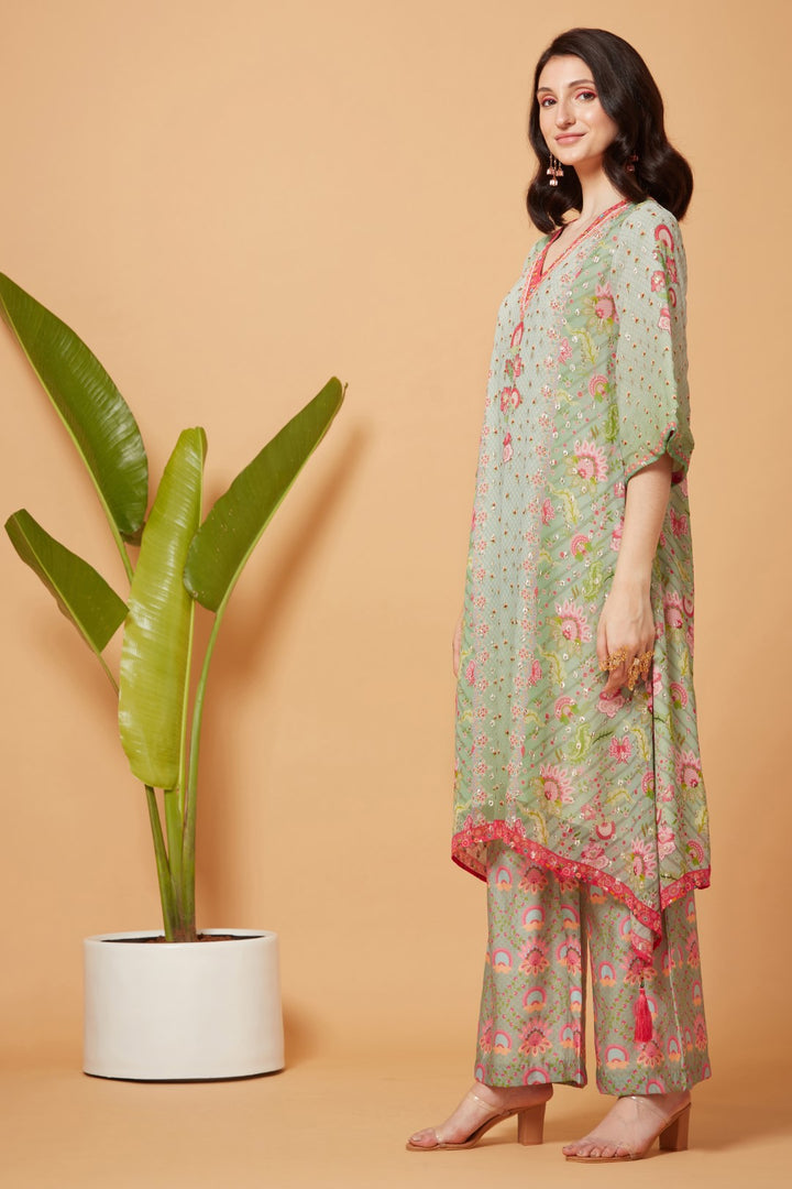 Mint Golden Buta High-Low Kurta With Mint Printed Pant And Pink Peach Organza Dupatta-Siddhartha Bansal