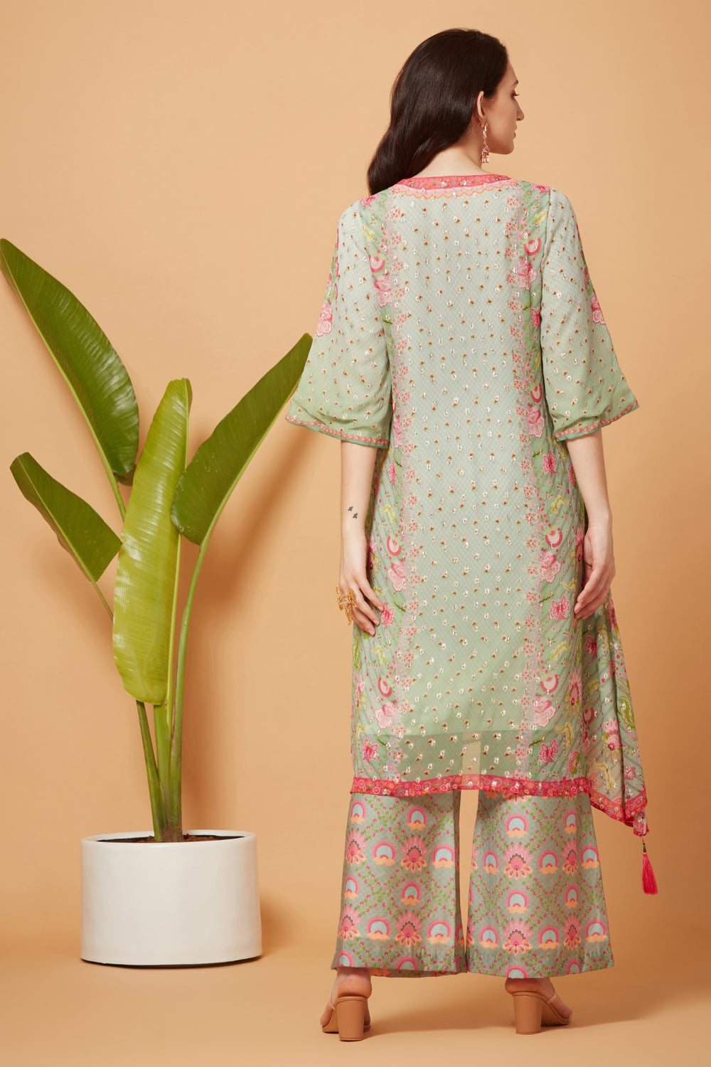 Mint Golden Buta High-Low Kurta With Mint Printed Pant And Pink Peach Organza Dupatta-Siddhartha Bansal