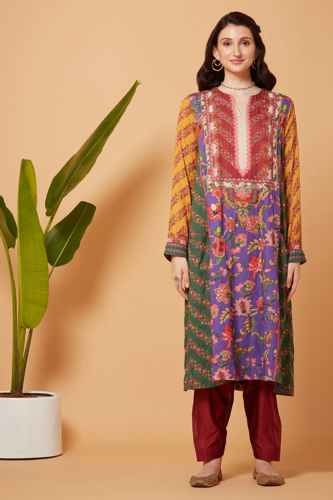 Maroon And Purple Kurta With Maroon Salwar And Chiffon Dupatta-Siddhartha Bansal