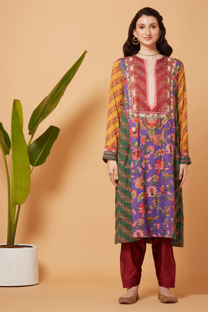 Maroon And Purple Kurta With Maroon Salwar And Chiffon Dupatta-Siddhartha Bansal