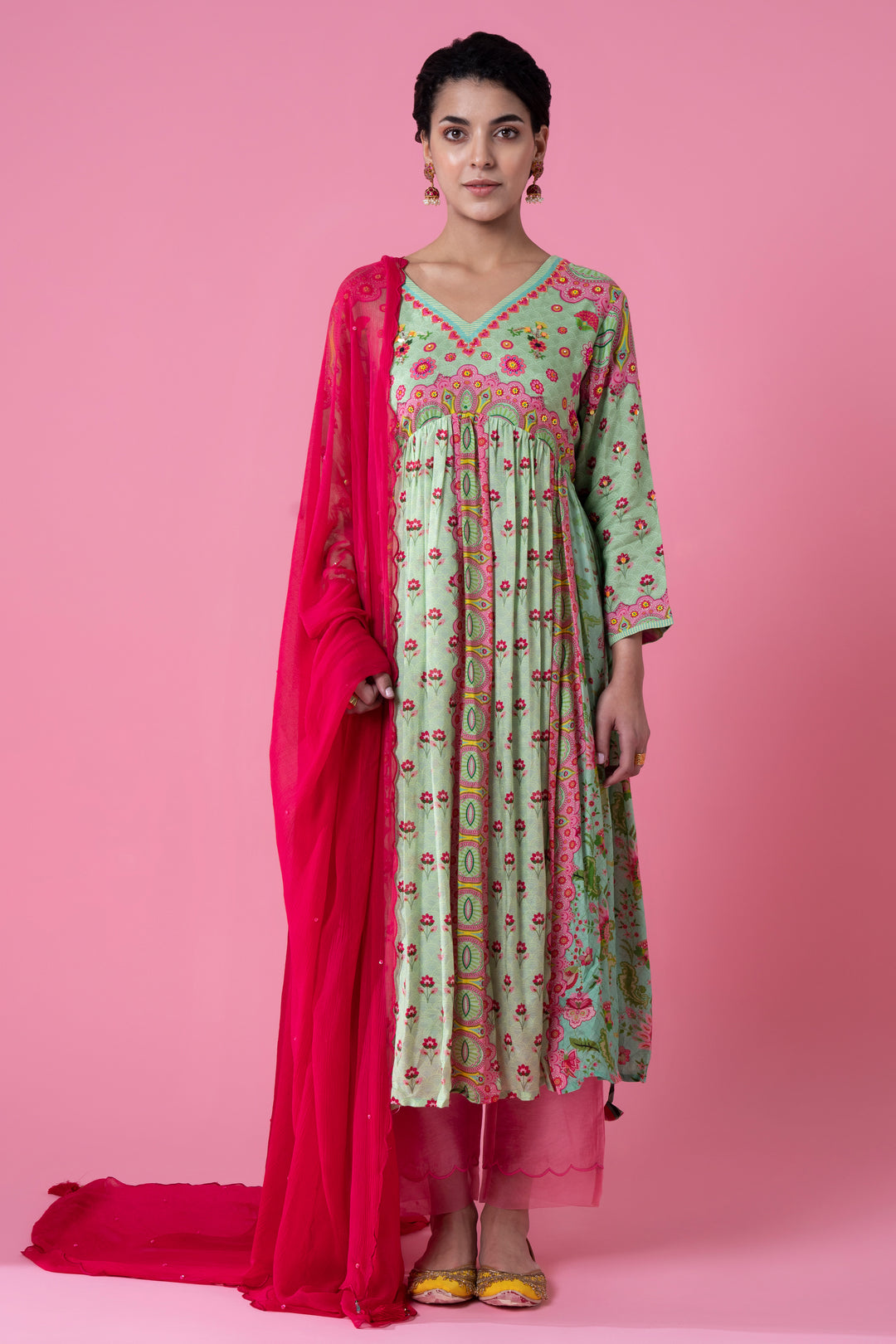 Green Bloosmy Print Gathered Embroidered Kurta Set-Siddhartha Bansal