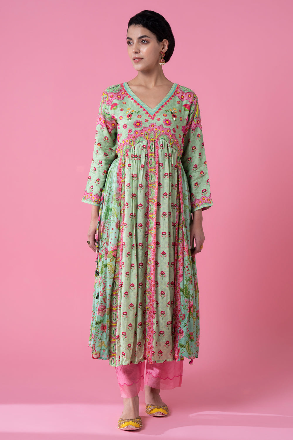 Green Bloosmy Print Gathered Embroidered Kurta Set-Siddhartha Bansal