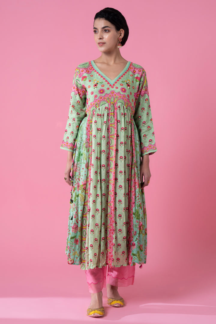 Green Bloosmy Print Gathered Embroidered Kurta Set-Siddhartha Bansal