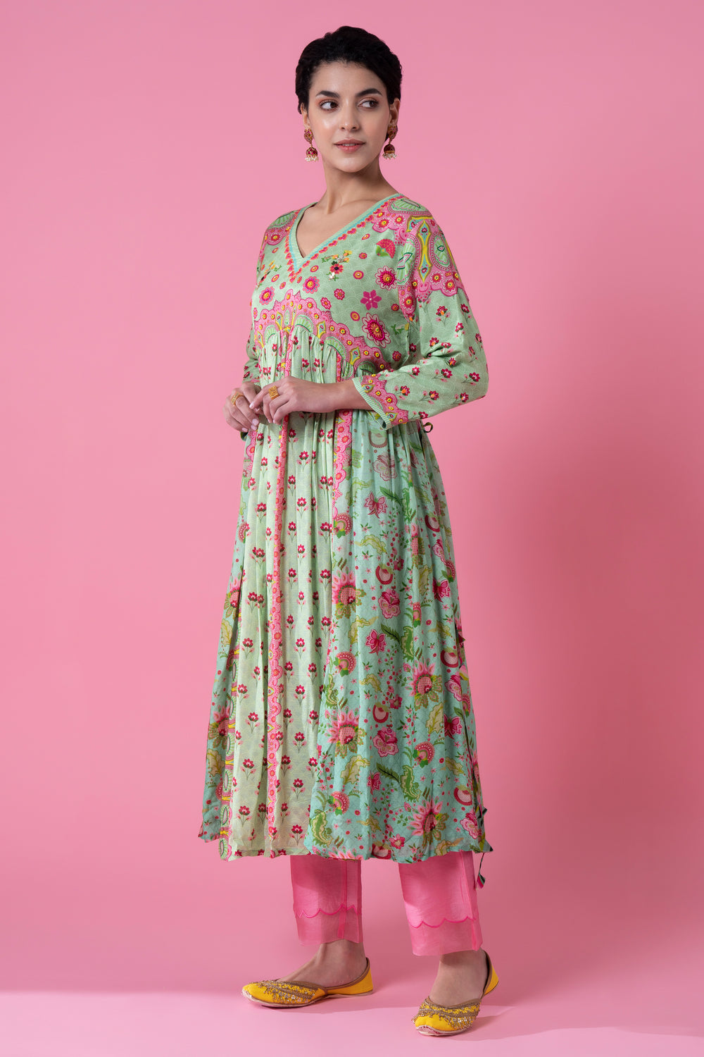 Green Bloosmy Print Gathered Embroidered Kurta Set-Siddhartha Bansal