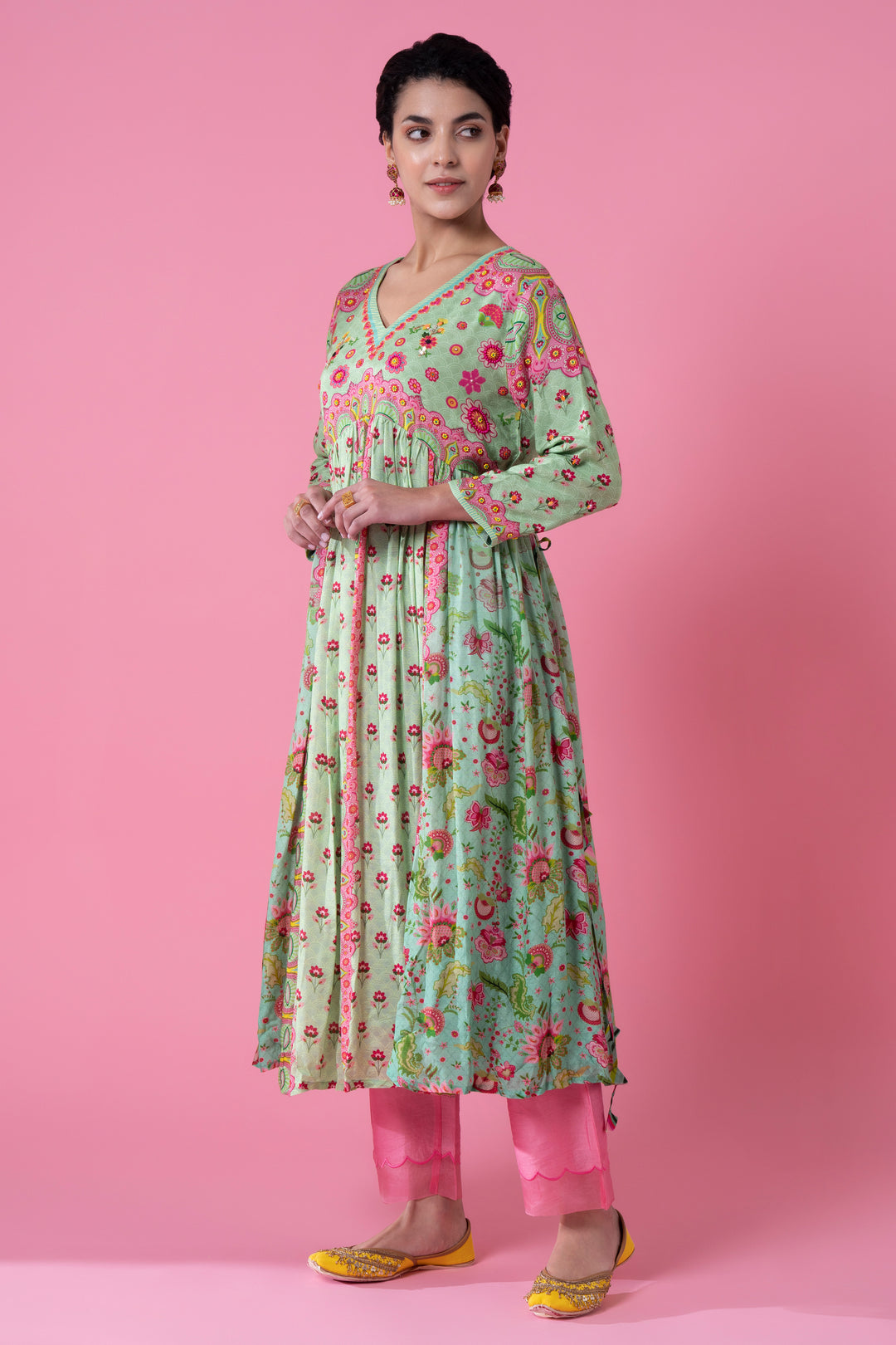 Green Bloosmy Print Gathered Embroidered Kurta Set-Siddhartha Bansal