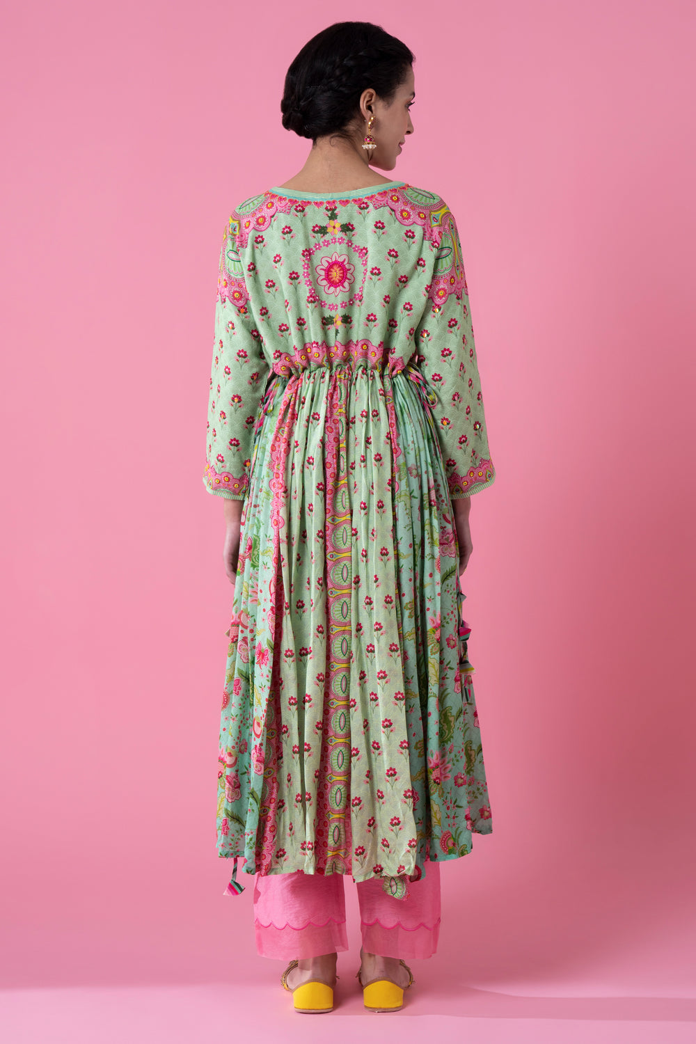 Green Bloosmy Print Gathered Embroidered Kurta Set-Siddhartha Bansal