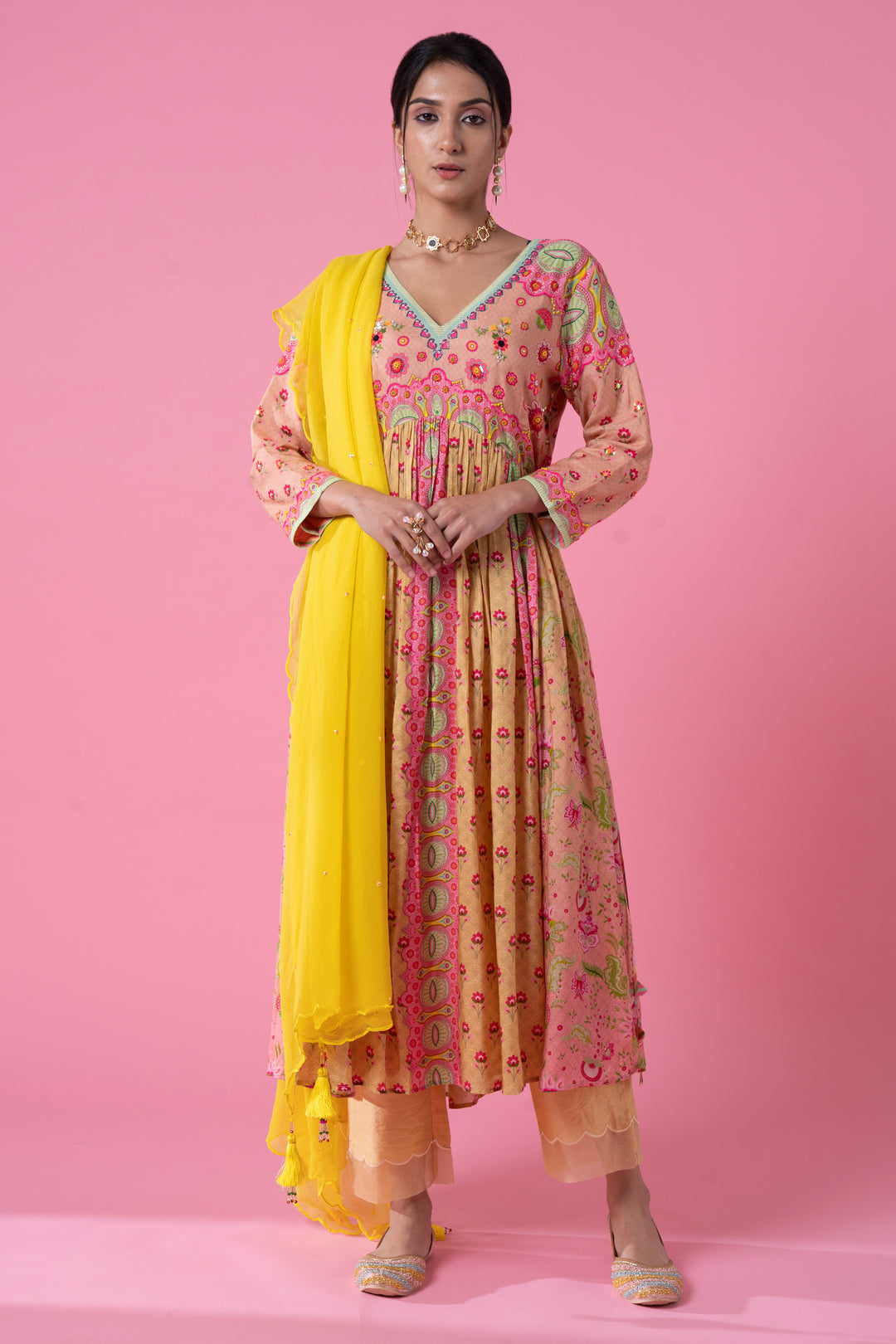 Summer Yellow And Pink Ombre Gathered Embroidered Kurta Set-Siddhartha Bansal