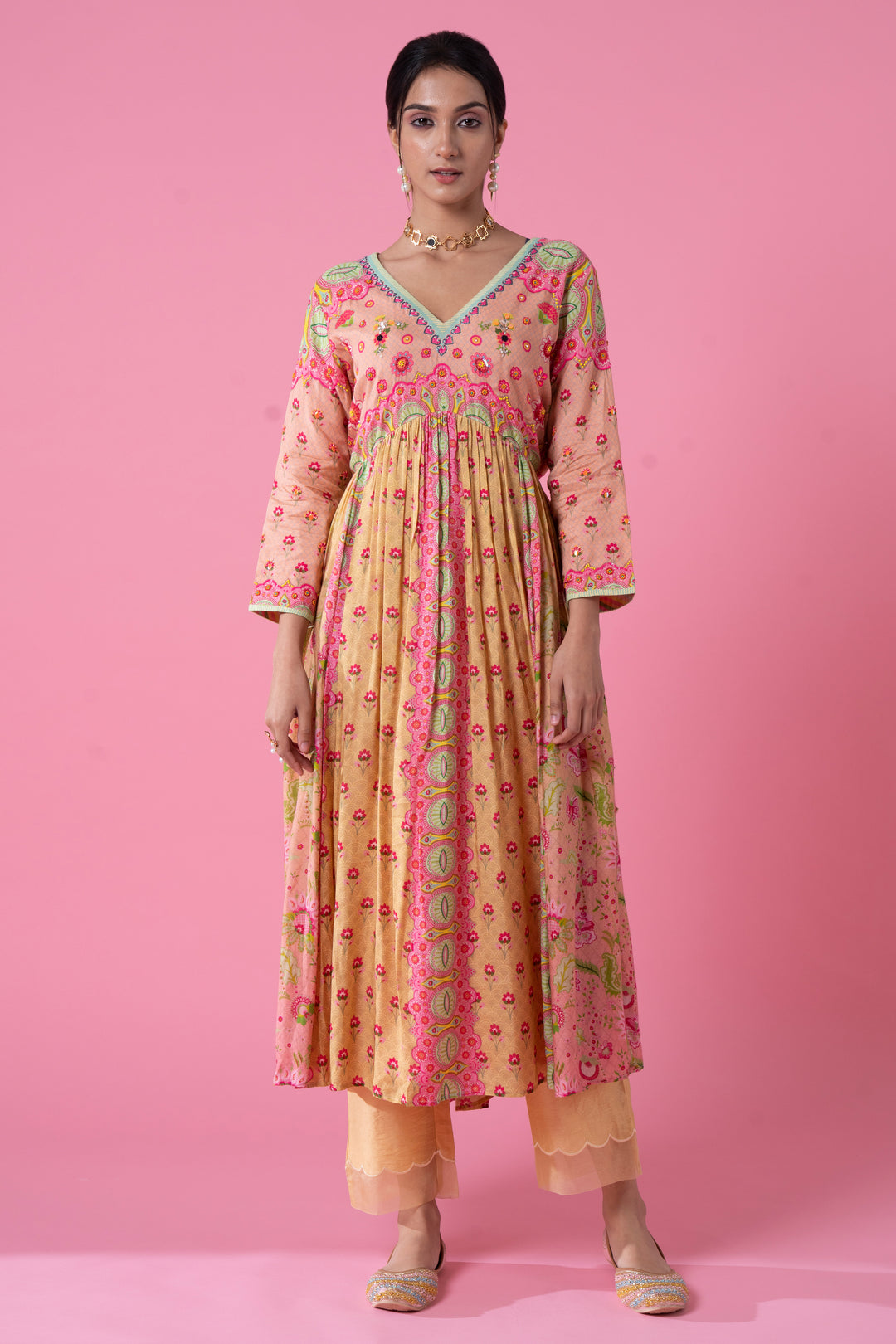 Summer Yellow And Pink Ombre Gathered Embroidered Kurta Set-Siddhartha Bansal