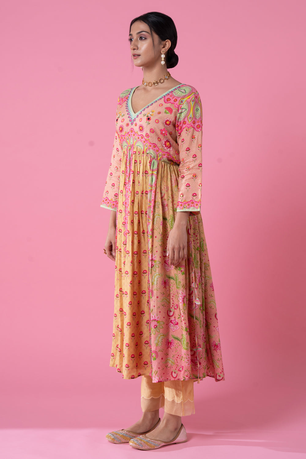 Summer Yellow And Pink Ombre Gathered Embroidered Kurta Set-Siddhartha Bansal